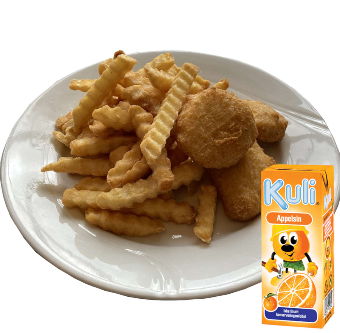Chips og kyllingnuggets med kulidrikke